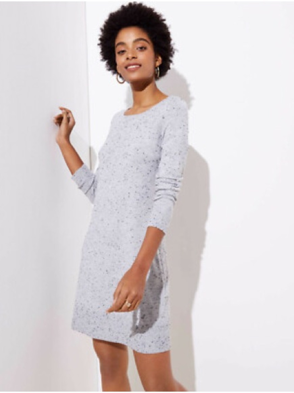LOFT Light Gray Speckled Long Sleeve Knit Shift Dress
